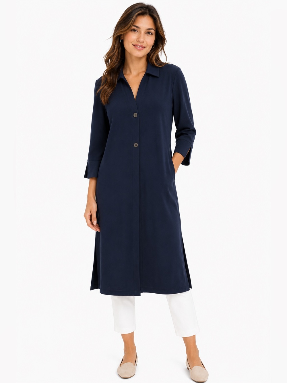 Chico’s Travelers Ink Button Down Tunic Jacket Navy Longline Cardigan Size 0 NWT